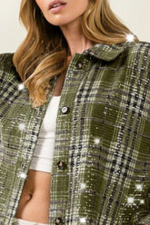 BiBi Allover Clear Sequins Vintage Plaid Jacket OutfitFlow